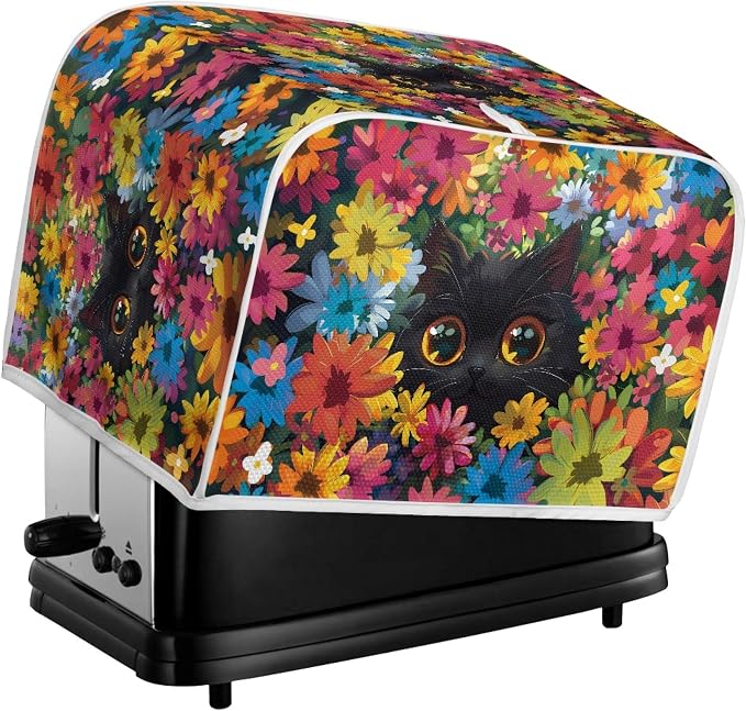 Cat Floral Print Toaster Cover 4 Slice Long Slot, Non Slip Bread Toaster Covers Dust Protection Small Appliance Covers