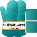 BPA-Free Soft Silicone 4 Piece Oven Mitts & Trivets Set - Ultra Heat Resistant Oven Mitts with Thick Cotton Liner - Long Slip Resistant Pot Holders, Flexible Oven Gloves - Aqua