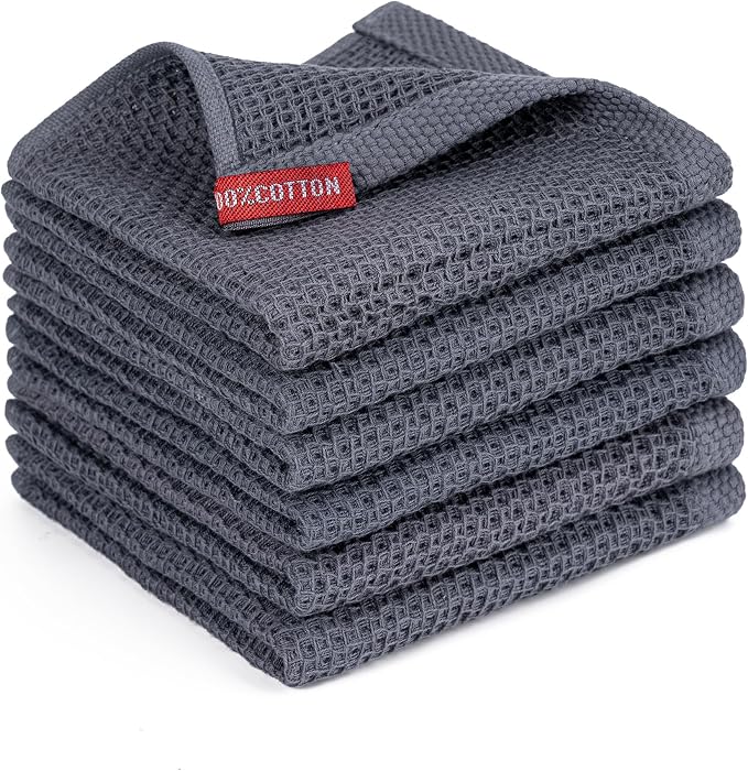 Kitchen Towels 6-Pack Kitchen Dish Cloths,100% Cotton,12x12 In,Dark Grey | Towels Waffle Weave,Ultra Soft Absorbent, Quick Drying