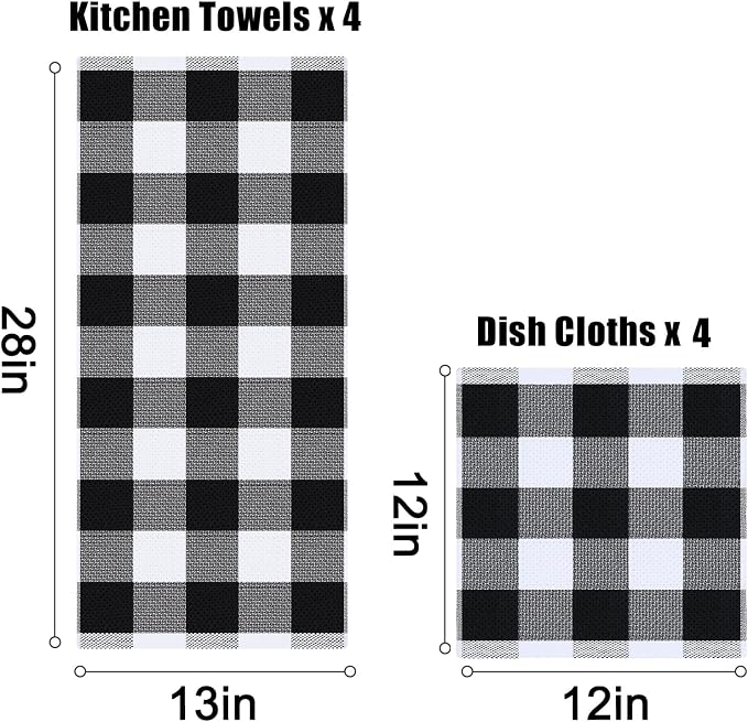 Homaxy Kitchen Towels and Dishcloths Set, Set of 8, White & Black | Bulk Cotton Waffle Weave Check Plaid Kitchen Towels, Super Soft and Absorbent Dish Cloths, 12 x 12 and 13 x 28 Inches