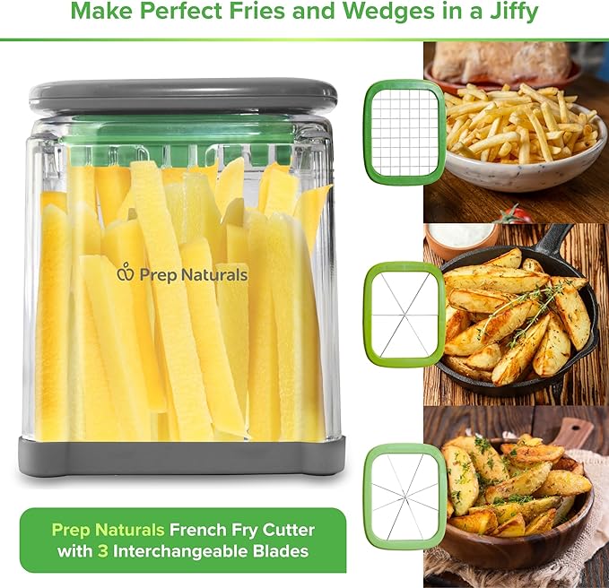 Prep Naturals Medium Stainless Steel French Fry Cutter | Manual French Fry & Potato Cutter - Stainless Steel Blades, Chop Box & Safety Glove Included (3-in-1)