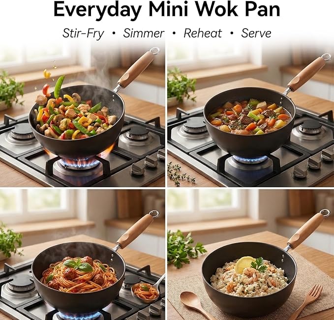 Small Carbon Steel Wok with Lid, 7-Inch 1.5QT Flat Bottom Pan | Uncoated mini wok for ramen, soup and eggs; induction-ready flat bottom design sized for 1-2 servings and everyday meal prep.