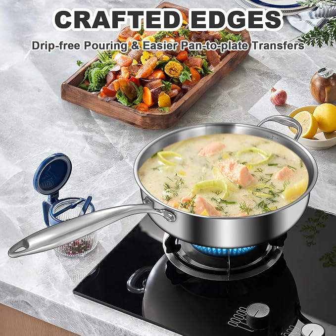 EWFEN 12 Inch Tri-Ply Stainless Steel Frying Pan, Compatible with All Cooktops Up to 600℉, Large Frying Pan with lids, Induction-Ready Skillet, Dishwasher and Oven Safe, Even Heat, 12" Pan+Handle+Lid