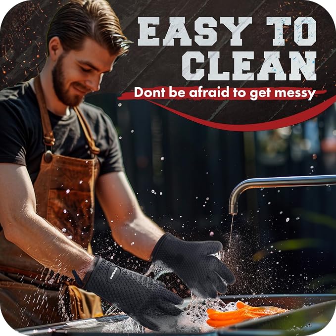 KITCHEN PERFECTION XL Silicone Smoker BBQ Gloves -Heat Resistant Oven Mitts | Waterproof, 5-Finger Design For A Better Grip, for Pitmasters, Meat Smoking, Grilling, Cooking, Frying Turkey | Grill Gift