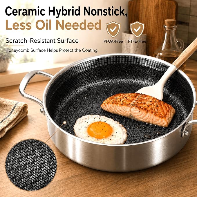 DELARLO Saute Pan 8QT, Frying Pan Nonstick with Lid, Tri-ply Stainless Steel Skillet, Large Braiser Induction, Everyday Pans, Heavy Duty Style, Compatible with All Cooktops Up to 660℉