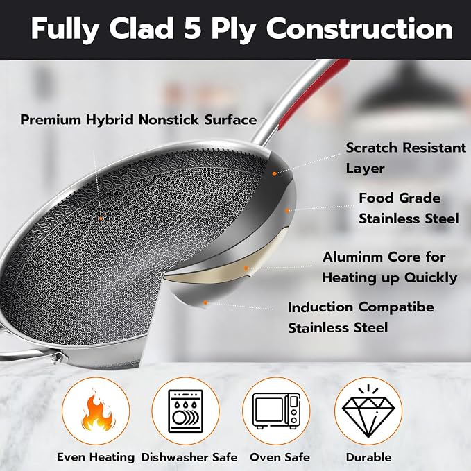 ] 14-Inch Stainless Steel Wok Pan with Glass Lid - Tri-Ply Nonstick Wok & Stir-Fry Pan, PFOA Free Uncoated Cookware for All Cooktops, Induction Compatible, Flat Bottom