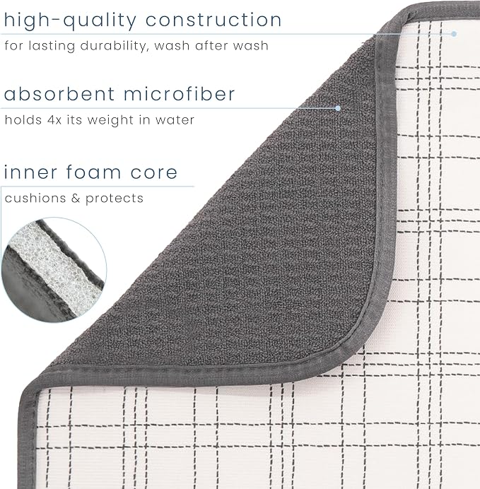 S&T INC. Dish Drying Mat, 16" x 18", Large, Stitched Plaid | Absorbent Microfiber, Kitchen Counter Mat for Dishes, Utensils, Pots and Pans, Machine Washable