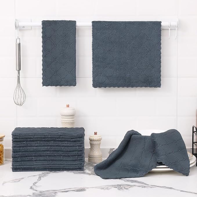 Homaxy 12 Pack Super Soft Absorbent Dish Towels, 10" x 20", Dark Grey | Coral Velvet, Nonstick Oil Fast Drying Microfiber Cleaning Cloth, No Lint Dishcloths for washing and drying