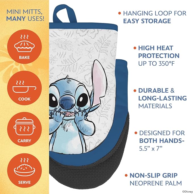 Disney Stitch Cotton Kitchen Towels & Mini Oven Mitts, 4-Piece Set | Absorbent, dries dishes fast, machine washable, mitt grip resists heat to 350F and is hand wash only, great for gifting