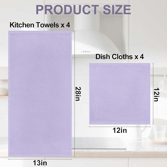 Homaxy 8 Pack 100% Cotton Kitchen Towels and Dishcloths Set, Lavender | 12 x 12 Inches and 13 x 28 Inches Kitchen Towels Set, Ultra Soft Absorbent Dish Cloths for Washing Dishes
