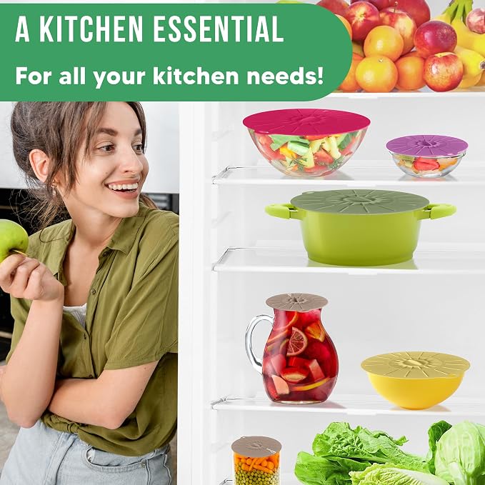 Silicone Lids for Food Storage - 5 Pack - 5 Sizes - Food Grade - Reusable Silicone Bowl Covers for Pots and Pans - Microwave Splatter Cover - Fits Cups, Plates,-Stove, Oven, Fridge, Dishwasher Safe
