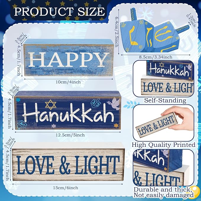 Lineshading 4 Pcs Wooden Hanukkah Decor Farmhouse Blocks with Dreidel | Tiered Tray Display, Rustic Tabletop Signs with HAPPY LOVE LIGHT Text, Home Shelf Decorations, Jewish Holiday Gift