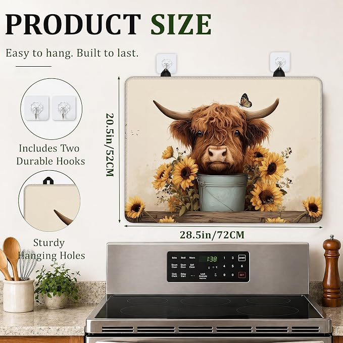 Highland Cow Sunflower Farmhouse Stove Top Cover for Electric Stove 28.5"x 20.5",Heat Resistant Glass Top Stove Cover Protector, Glass Cooktop Covers,Kitchen Flat Electric Stove Top Covers