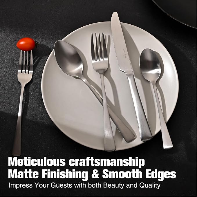 30-Piece Silverware Set, 18/10 Stainless Steel Flatware Set for 6, Matte Satin Finish Forged Cutlery Set Dishwasher Safe | KINGSTONE Forged Flatware Cutlery Set, Mirror Polished Knives Fork and Spoon Utensils, Dishwaher Safe for Home Wedding Party