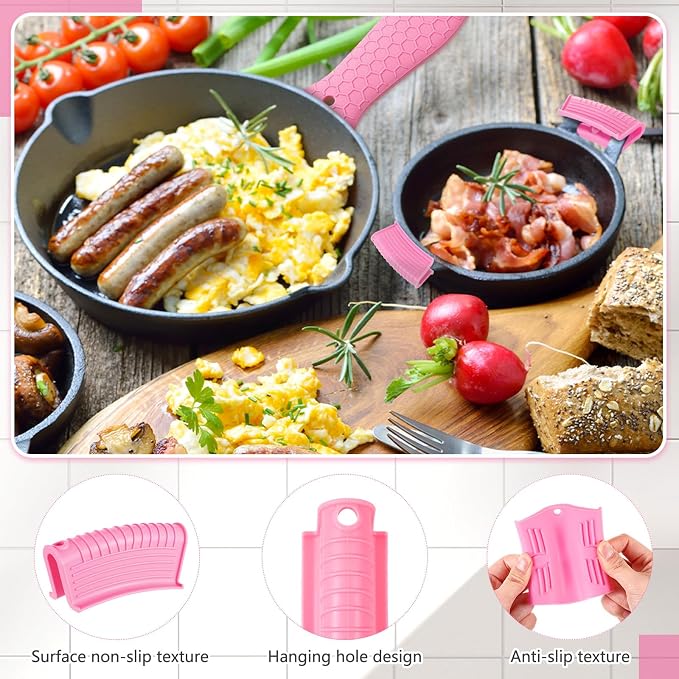 Patelai 8 Pcs Silicone Pot Holders Cast Iron Handle Cover Heat Resistant Pot Handle Covers Potholder Non Slip Reusable Pan Sleeve for Frying Pan Kitchen Supplies(Pink)