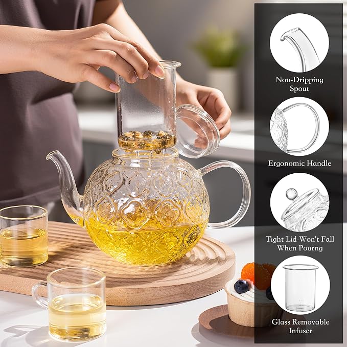 Glass Teapot with Removable Infuser-1500ml/50oz Clear GlassTea Pot for Stovetop, Borosilicate Microwave-Safe Glass Tea Kettle & Tea Maker for Blooming & loose Tea