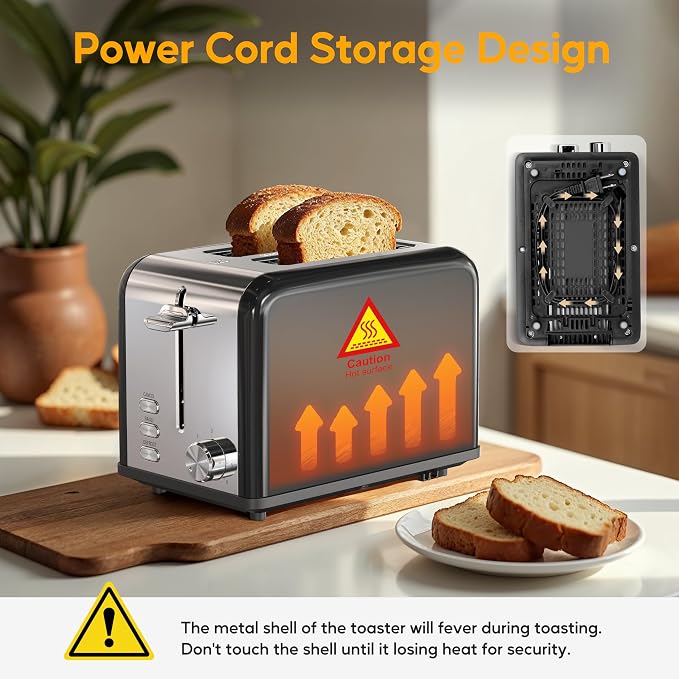 HealSmart 2-Slice Stainless Steel Toaster, 6 Browning Setting and 3 Function Toaster, Extra Wide Slot & Removable Crumb Tray, for Bread & Waffle, Black