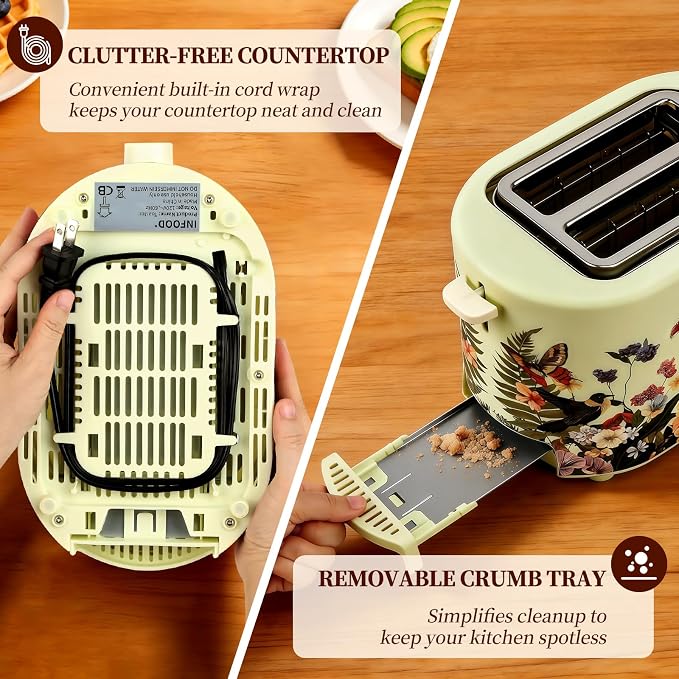 INFOOD Retro Toaster 2 Slice - 6 Toast Settings, Cancel/Defrost/Reheat Buttons, Built-in Warming Rack & Removable Crumb Tray, 1.5 Inches Extra Wide Slots, 750W, Floral Design