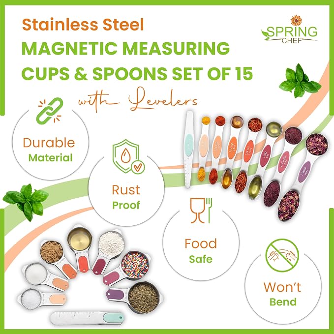 Spring Chef 15 Magnetic Measuring Cups & Spoons, Patented, Desert Sunset | Nesting Stainless Steel Measuring Cups & Heavy Duty Metal Measuring Spoons with Levelers for Dry & Liquid Ingredients