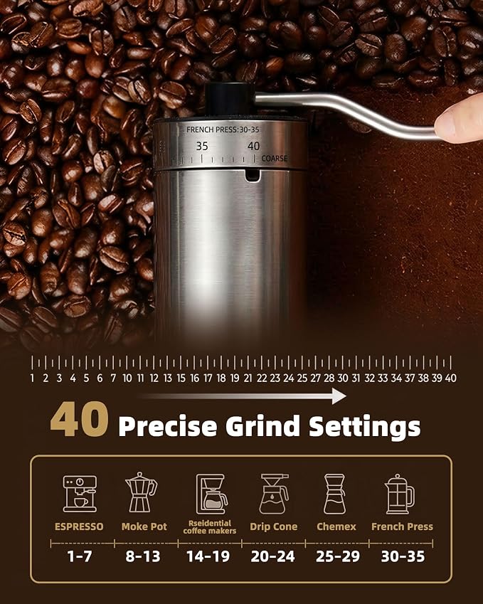Manual Coffee Grinder with 40 Adjustable Grind Settings With Ceramic Conical Burr,Handheld Grinder with Handle Crank, Portable Hand Coffee Mill with 35g Capacity,Espresso,Pour Over,French Press