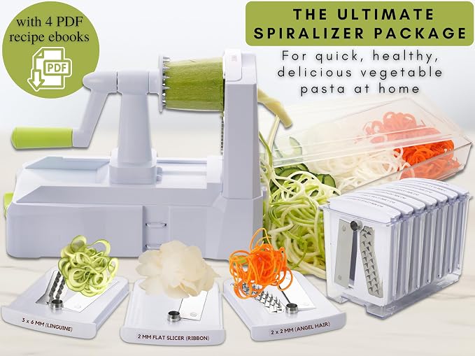 Brieftons 10-Blade Vegetable Spiralizer: Zoodle Maker & Veggie Noodle Maker, Potato String & Curly Fry Cutter, Japanese Steel Blades, Catch Container, Strong Suction Pad, 4 eBooks | Keto, Vegan, Paleo