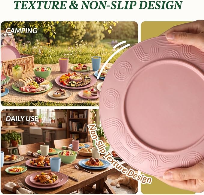 Kitchen Plates and Bowls Set 40 PCS Microwave and Dishwasher Safe Wheat Straw Dinnerware Sets Dish Sets for 8 Kitchen Plate Set for Camping, RV, Party, Apartment, Picnic, Kids-Multilight