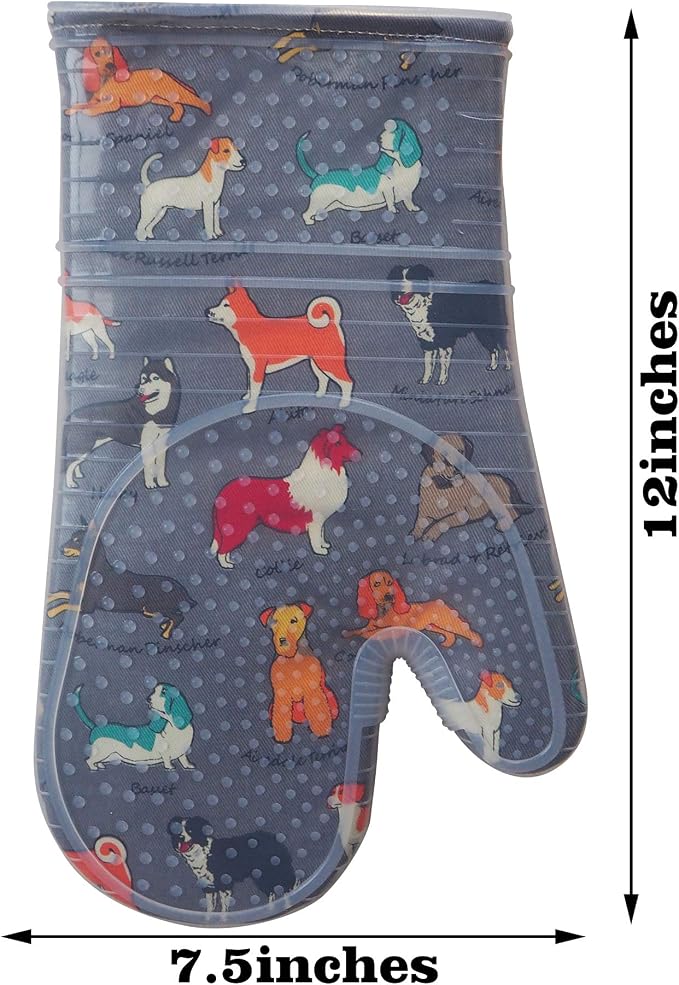 Oven Mitts with Transparent Clear Silicone Shell and Nice Dog Printing | Cotton Lining Set of 2 Kitchen Mittenes Heat Resistant to 500 F Oven Gloves Pot Holder for Cooking (Grey)