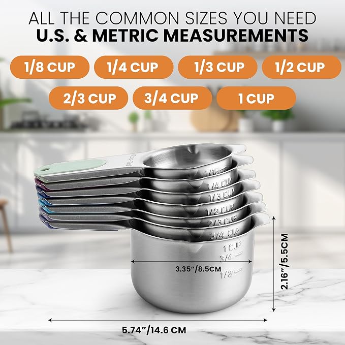 Spring Chef Magnetic Stainless Steel Measuring Cups Set of 7, Winter Frost | Patented Metal Measuring Cups for Measuring Dry or Liquid Ingredients, Easy to Read Markings, Dishwasher Safe Magnetic Cups