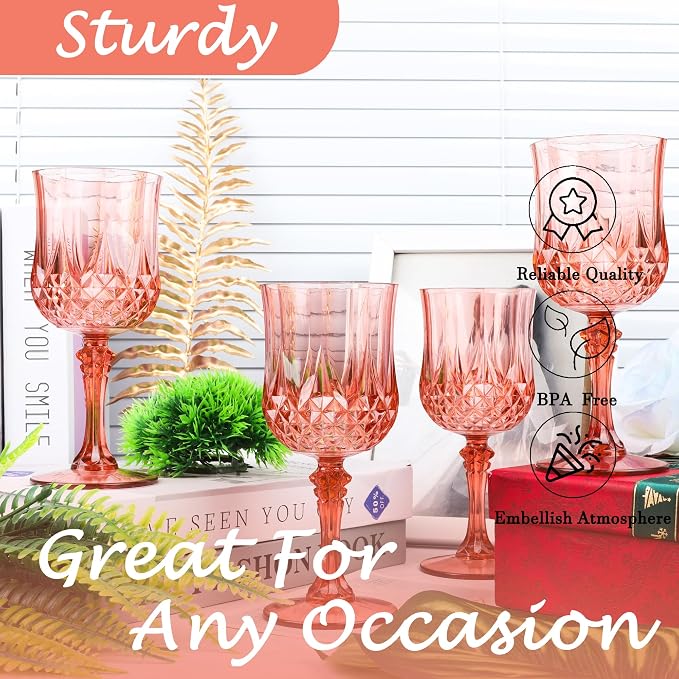 48Pack Plastic Wine Glasses, 7oz Vintage Goblets for Wedding | Unbreakable Crystal Style Reusable Stemware, Elegant Rose Gold Drinking Glass for Party Anniversary & Holiday Celebration