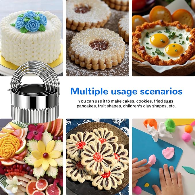 Biscuit Cutter Set for baking (5 Pieces/Set), Round Fluted Edge shape Cookies Cutter, Biscuit Cutter with Handle for Baking or Holiday Party Decorations