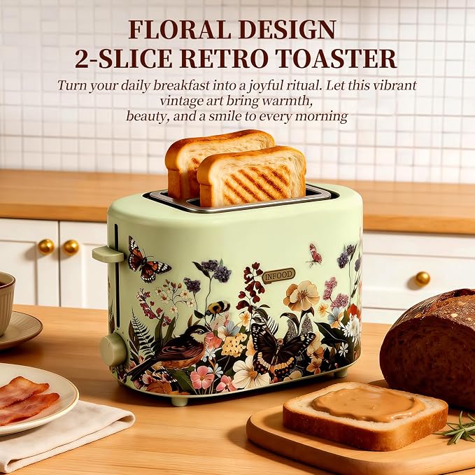 INFOOD Retro Toaster 2 Slice - 6 Toast Settings, Cancel/Defrost/Reheat Buttons, Built-in Warming Rack & Removable Crumb Tray, 1.5 Inches Extra Wide Slots, 750W, Floral Design