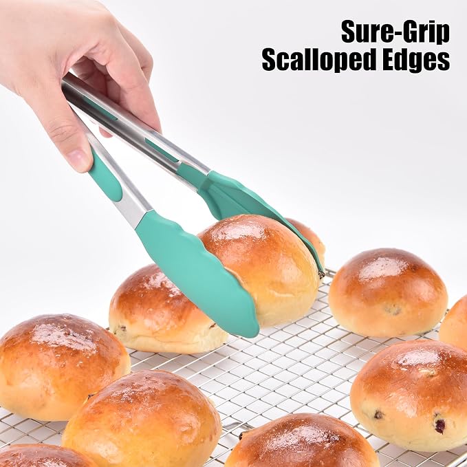Doosu Kitchen Tongs with Silicone Tips for Cooking Serving (3Pcs, Aqua Sky) | 600°F Heat Resistant Food Tong, Heavy Duty Stainless Steel Locking Tong for BBQ, Grilling Steak, Salad, Toast, Pasta