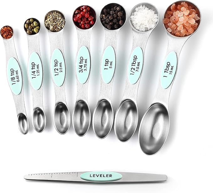 Spring Chef Stainless Steel 8 Magnetic Measuring Spoons for Kitchen, Mint | Dual Sided Metal Teaspoon & Tablespoon Measuring Spoons with Leveler for Dry & Liquid Ingredients, Nesting, Dishwasher Safe