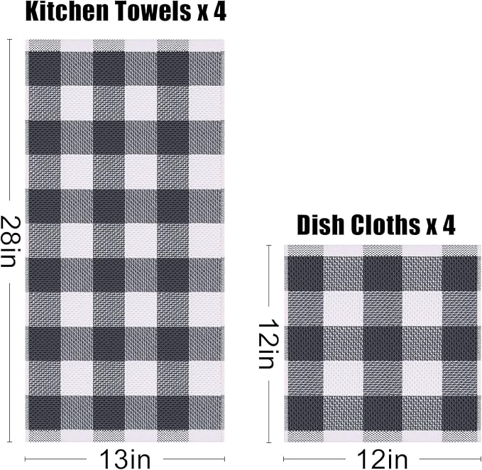 Homaxy Kitchen Towels and Dishcloths Set, Set of 8, White & Dark Grey | Bulk Cotton Waffle Weave Check Plaid Kitchen Towels, Super Soft and Absorbent Dish Cloths, 12 x 12 and 13 x 28 Inches