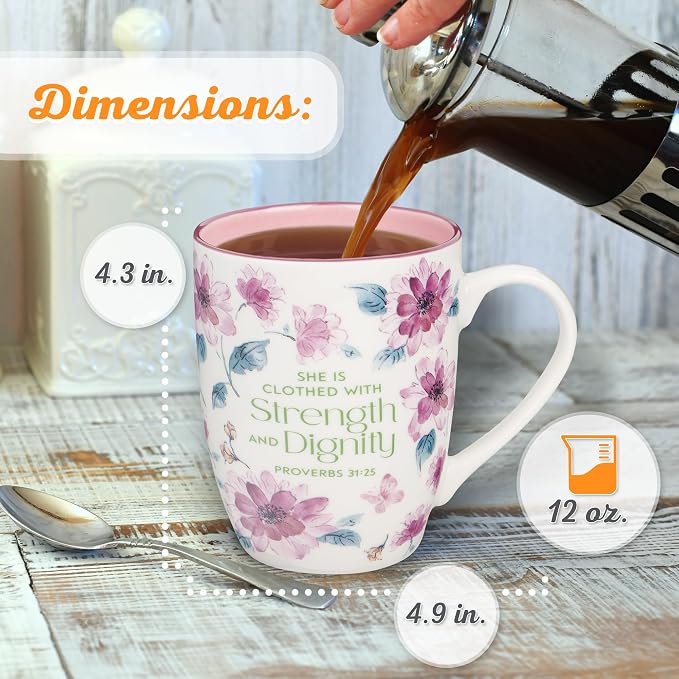 Christian Art Gifts Inspirational Ceramic Coffee & Tea Mug for Women: Strength & Dignity Encouraging Bible Verse Proverb, Microwave & Dishwasher Safe, White, Pink & Fuchsia Floral, 12 oz. (Pack of 2)