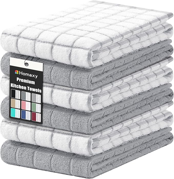 Homaxy Large Premium Cotton Kitchen Towels 16"x 28", 6 Pack, Light Grey | Natural Ring Spun 390 GSM Dish Towels, Super Absorbent Terry Kitchen Hand Towels, Soft Tea Towels with Hanging Loop
