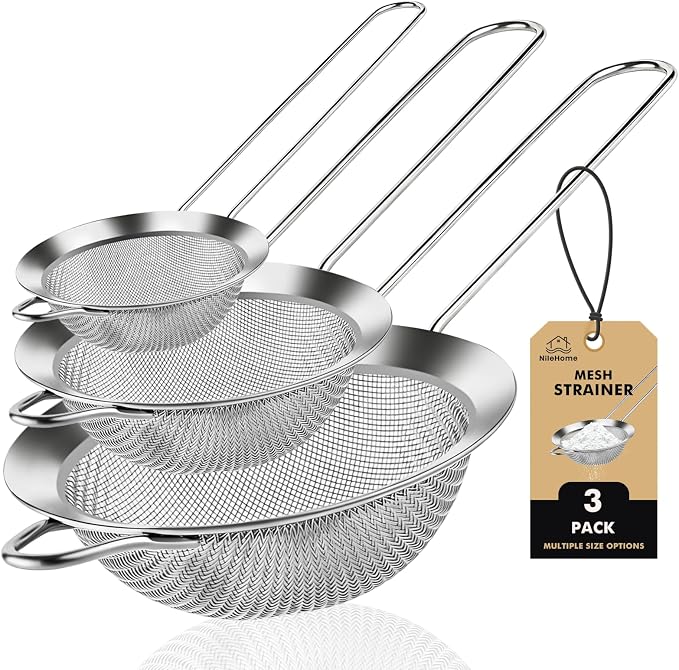 NileHome 3 Piece Mesh Strainers, Stainless Steel Strainer for Sifting, Straining, Cooking Kitchen Strainers Fine Mesh for Flour, Pasta, Loose Tea, Fruit, and Rice, Silver（3.1"+5.4"+7.8")