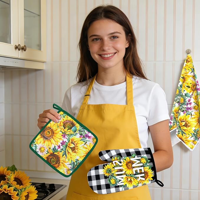 8 Pcs Sunflower Plaid Kitchen Decor Accessories Set, Dish Towels Square Heat Resistant Oven Mitts and Gloves Pot Holders for Cooking Baking Mother’s Day Farmhome Gifts