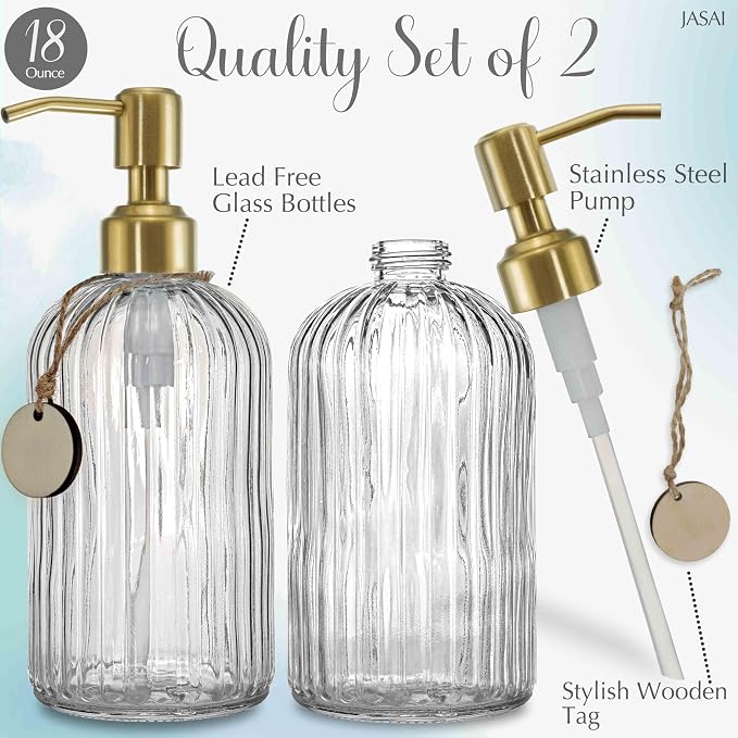 JASAI 2PACK 18Oz Fluted Glass Soap Dispenser with Golden Rust Proof Pump | Refillable Kitchen Soap Dispenser with Vertical Stripe, Bathroom Soap Dispenser for Hand Soap, Dish Soap, liquid Soap, Lotion