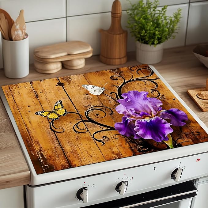 HOMETITUTE Spring Stove Top Cover 28x20 Purple Iris Butterfly Heat Resistant