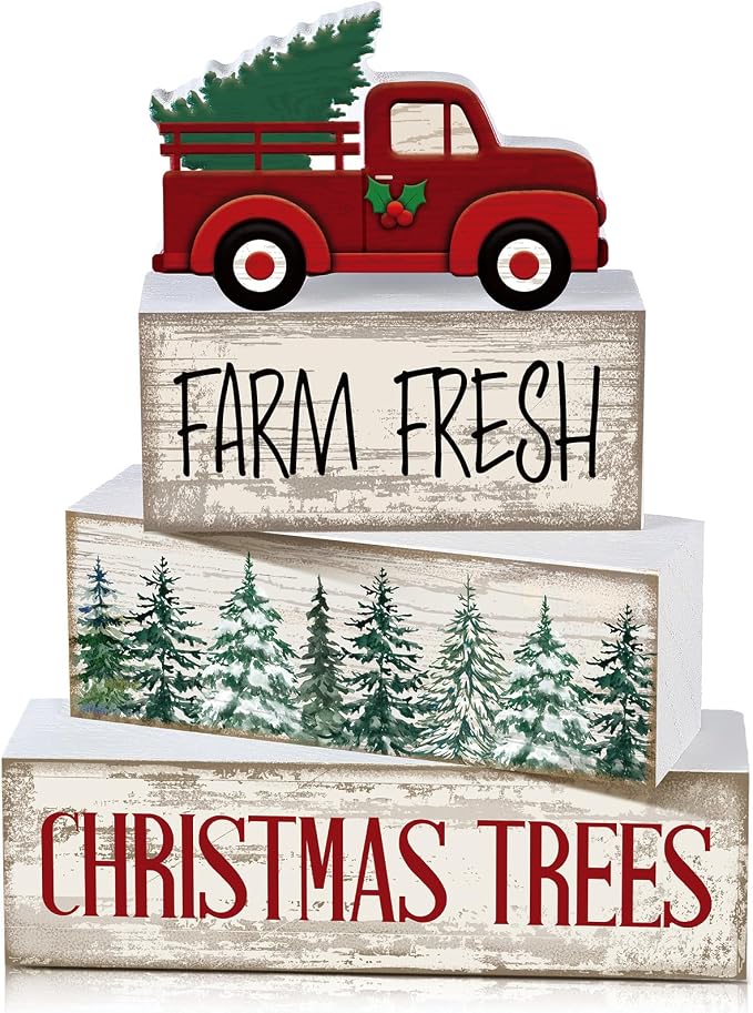 Lineshading 4 Pcs Wooden Christmas Blocks Red Truck Farmhouse Decor | Farm Fresh Tiered Tray Signs, Christmas Trees Design, Rustic Tabletop Decor for Holiday, Vintage Red Truck Topper