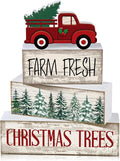 Lineshading 4 Pcs Wooden Christmas Blocks Red Truck Farmhouse Decor | Farm Fresh Tiered Tray Signs, Christmas Trees Design, Rustic Tabletop Decor for Holiday, Vintage Red Truck Topper