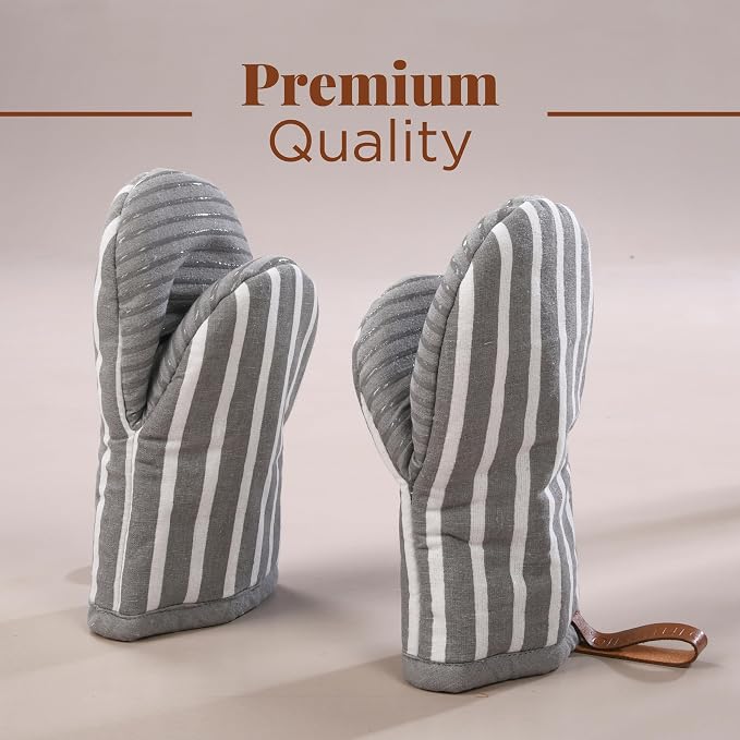 Folkulture Oven Mitts, Striped Gray, Set of 2, Heat Resistant - (5.75"x9") | 100% Cotton, Non Slip, Silicone, Cute Striped Mini Mits with Hanging Loop, Kitchen Décor, Cooking Gifts, New Home Essentials
