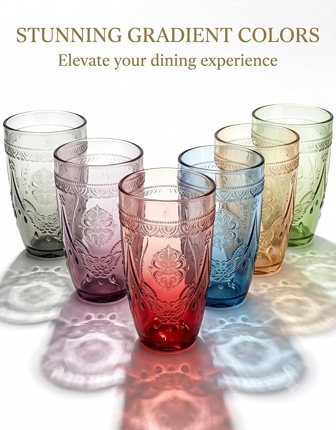 13 OZ 6 Pack Vintage Drinking Glasses Set, Colorful Textured Glass Tumblers Cups -Embossed Striped Glassware for Water, Cocktails, Juice, Iced Coffee, Beer(necklacestyle)