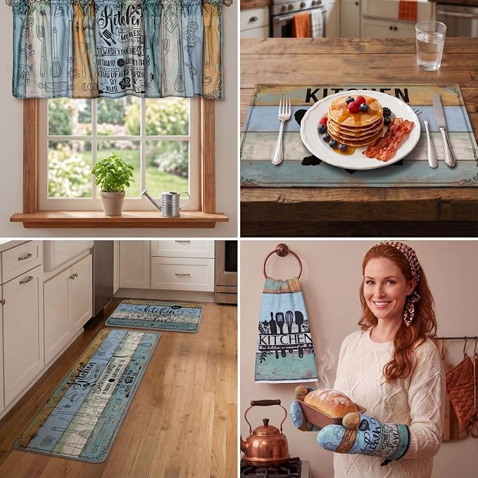 Fourluoo 16 Pcs Farmhouse Kitchen Decor Set 4 Kitchen Towels 4 Placemats 2 Non Slip Rugs and Mats for Floor 2 Spring Oven Mitts Gloves 2 Pot Holders 2 Floral Curtains for Home Decoration Gift
