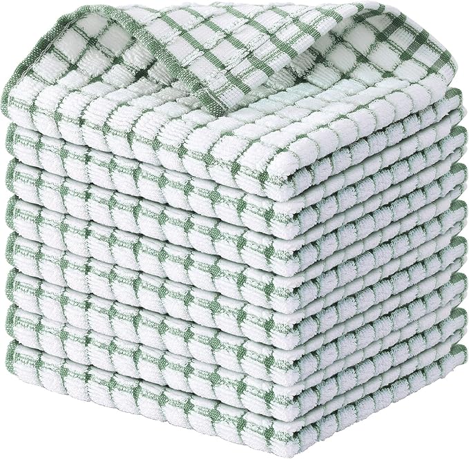 Kitinjoy Cotton 8 Pack Terry Kitchen Dish Cloths, Grass Green | 12 x 12 Inches Super Soft and Absorbent Dish Rags, Quick Drying Dish towels for Washing Dishes