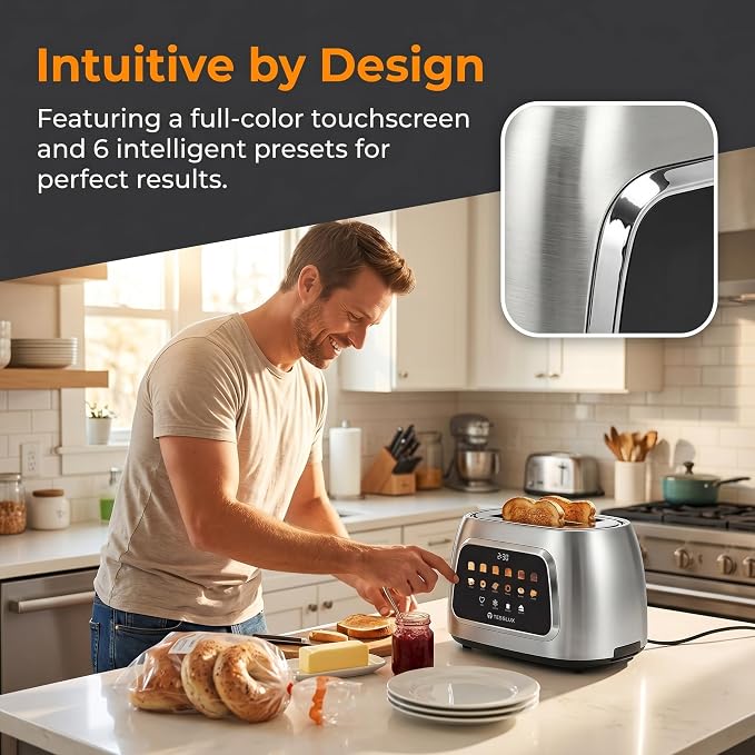 Tesslux Toaster 2 Slice, Extra Wide Slot, 800W, Touch Screen Panel, Silver | LED Countdown, 6 Bread Modes, 6 Browning Levels, Memory Button, Defrost, Reheat, Cancel, Crumb Tray, Brushed Stainless Steel