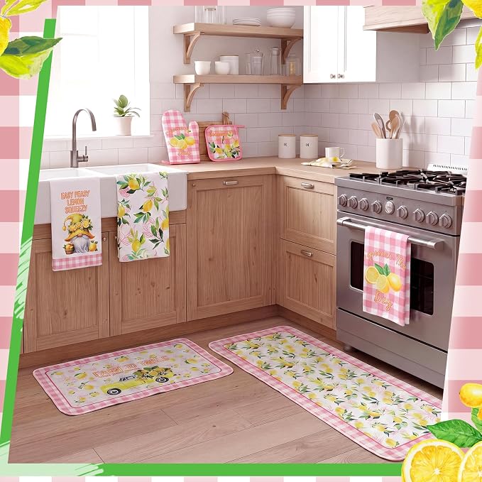 Fourluoo 10 Pcs Lemon Kitchen Decor and Accessories Set Lemon Kitchen Rugs Towels Pot Holders Oven Mitts Set for Cooking Baking Mom Housewarming Gifts