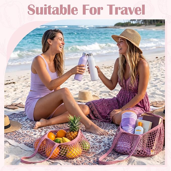 Woanger 24 Pcs Pink Long Handle Reusable Cotton Mesh Produce Shopping Bags Washable Grocery Net Portable Fruit and Vegetable Cotton String Bags Net Tote Organizer