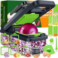 15-in-1 Vegetable Chopper 10 Blades, Veggie Cutter with Handle, Green/Grey | Stainless Steel Blades, Food Container and Lid, Dicer, Slicer, Julienne, Egg Separator, Non-slip Base, Include Cleaning Tools